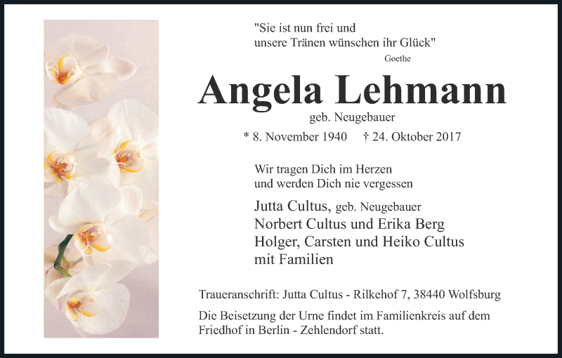  Traueranzeige für Angela Lehmann vom 04.11.2017 aus Kölner Stadt-Anzeiger / Kölnische Rundschau / Express