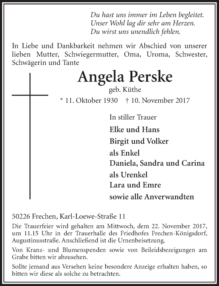  Traueranzeige für Angela Perske vom 18.11.2017 aus  Sonntags-Post 