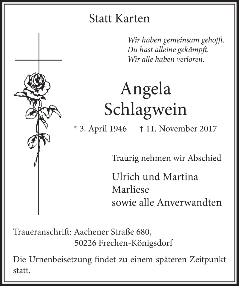  Traueranzeige für Angela Schlagwein vom 18.11.2017 aus  Sonntags-Post 