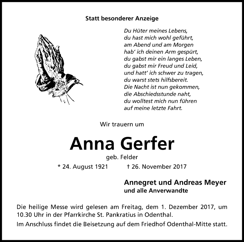  Traueranzeige für Anna Gerfer vom 29.11.2017 aus Kölner Stadt-Anzeiger / Kölnische Rundschau / Express
