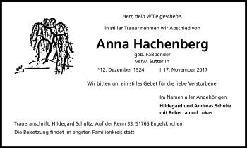 Anzeige von Anna Hachenberg von Kölner Stadt-Anzeiger / Kölnische Rundschau / Express