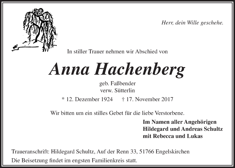  Traueranzeige für Anna Hachenberg vom 22.11.2017 aus  Anzeigen Echo 