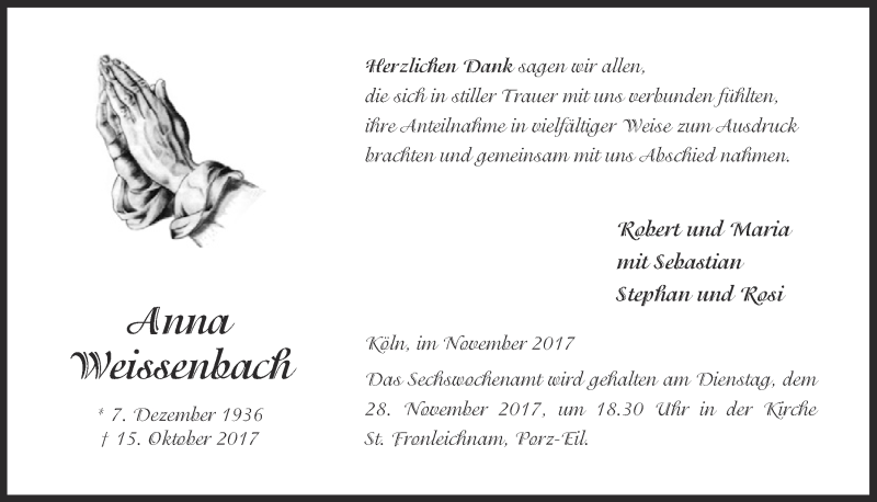  Traueranzeige für Anna Weissenbach vom 22.11.2017 aus  Kölner Wochenspiegel 