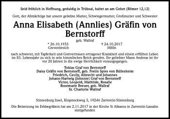Anzeige von Anna Elisabeth   Gräfin von Bernstorff von Kölner Stadt-Anzeiger / Kölnische Rundschau / Express
