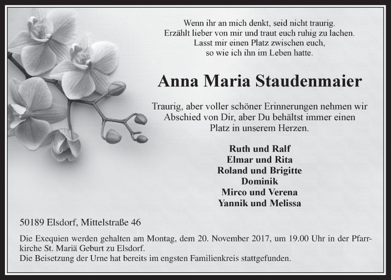 Traueranzeige für Anna Maria Staudenmaier vom 15.11.2017 aus  Werbepost 