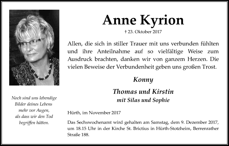  Traueranzeige für Anne Kyrion vom 25.11.2017 aus Kölner Stadt-Anzeiger / Kölnische Rundschau / Express