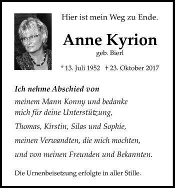 Anzeige von Anne Kyrion von Kölner Stadt-Anzeiger / Kölnische Rundschau / Express