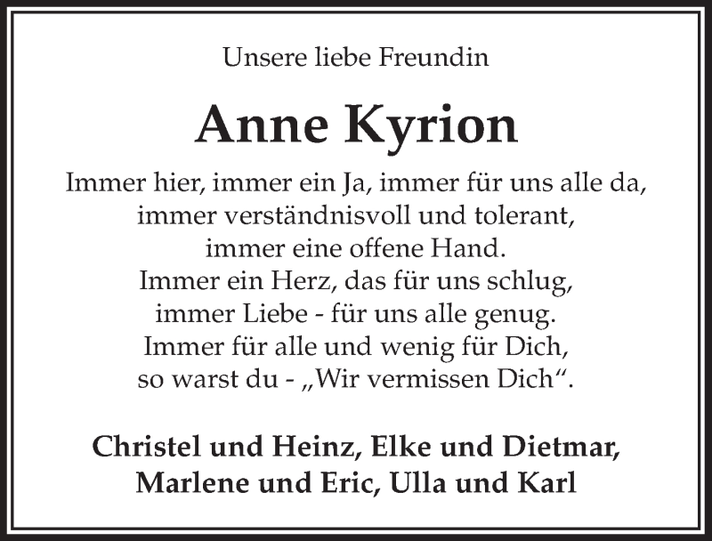  Traueranzeige für Anne Kyrion vom 04.11.2017 aus  Sonntags-Post 