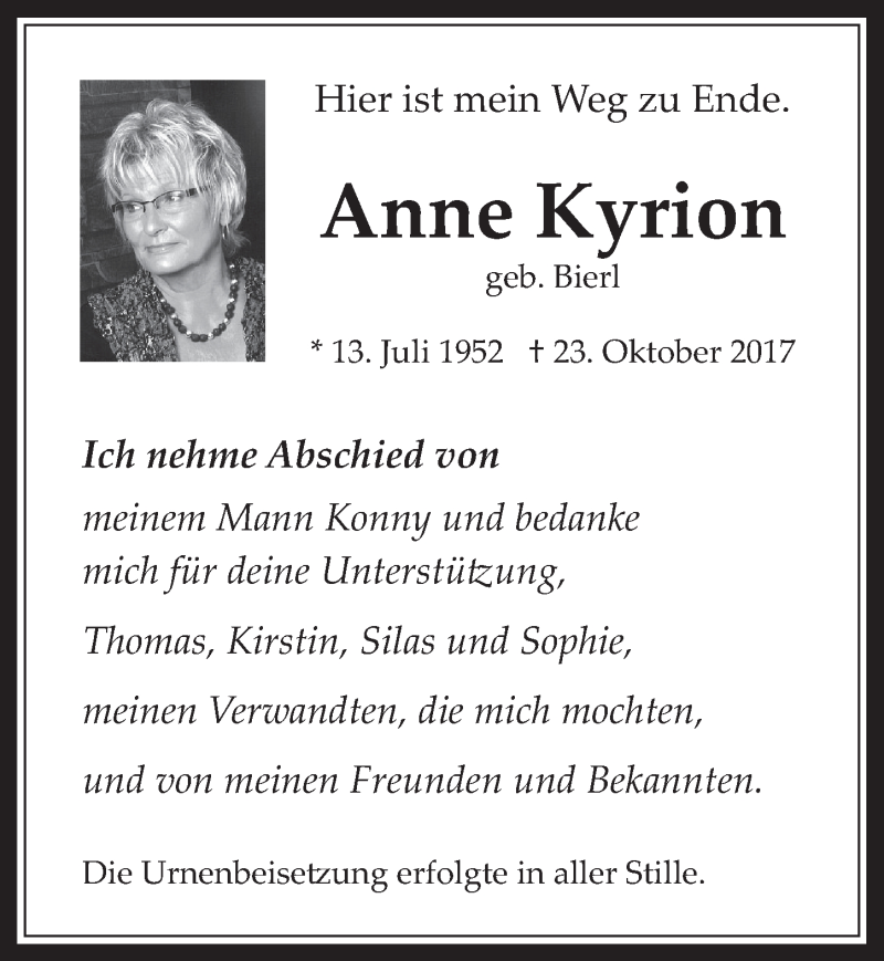  Traueranzeige für Anne Kyrion vom 08.11.2017 aus  Wochenende 