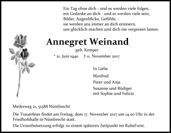 Anzeige von Annegret Weinand von Kölner Stadt-Anzeiger / Kölnische Rundschau / Express