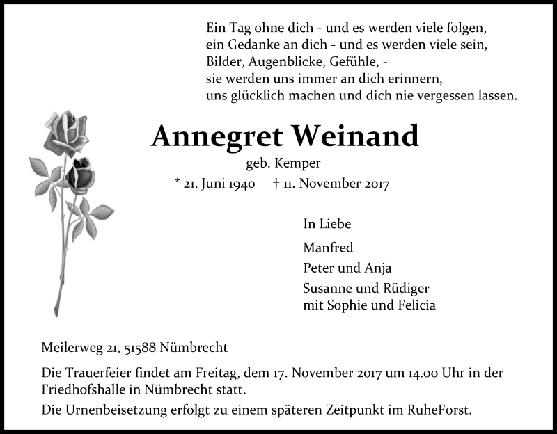  Traueranzeige für Annegret Weinand vom 14.11.2017 aus Kölner Stadt-Anzeiger / Kölnische Rundschau / Express