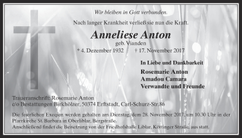 Anzeige von Anneliese Anton von  Sonntags-Post 