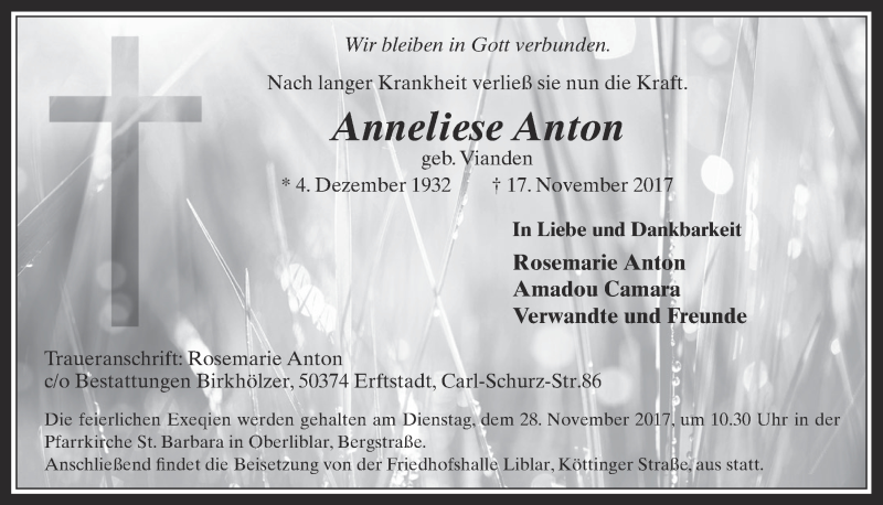  Traueranzeige für Anneliese Anton vom 25.11.2017 aus  Sonntags-Post 