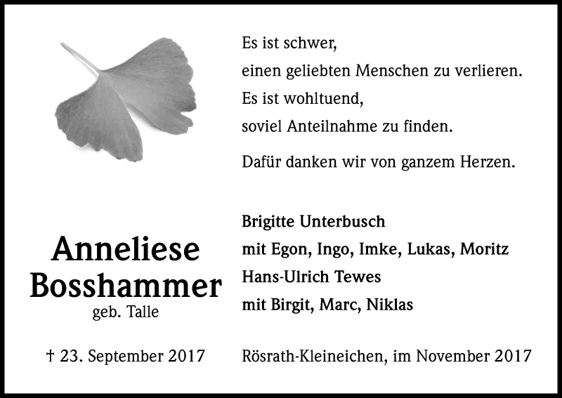  Traueranzeige für Anneliese Bosshammer vom 18.11.2017 aus Kölner Stadt-Anzeiger / Kölnische Rundschau / Express