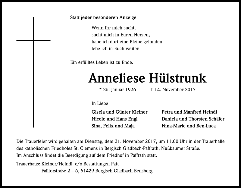  Traueranzeige für Anneliese Hülstrunk vom 18.11.2017 aus Kölner Stadt-Anzeiger / Kölnische Rundschau / Express