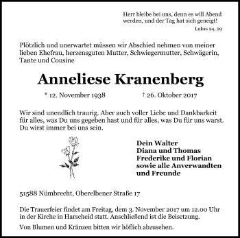 Anzeige von Anneliese Kranenberg von Kölner Stadt-Anzeiger / Kölnische Rundschau / Express