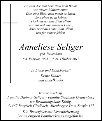 Anzeige von Anneliese Seliger von Kölner Stadt-Anzeiger / Kölnische Rundschau / Express