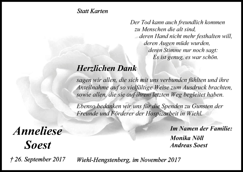  Traueranzeige für Anneliese Soest vom 04.11.2017 aus Kölner Stadt-Anzeiger / Kölnische Rundschau / Express
