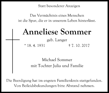 Anzeige von Anneliese Sommer von Kölner Stadt-Anzeiger / Kölnische Rundschau / Express