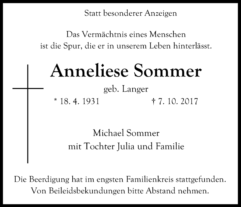  Traueranzeige für Anneliese Sommer vom 11.11.2017 aus Kölner Stadt-Anzeiger / Kölnische Rundschau / Express