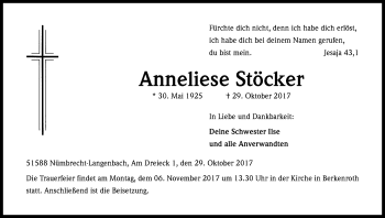 Anzeige von Anneliese Stöcker von Kölner Stadt-Anzeiger / Kölnische Rundschau / Express