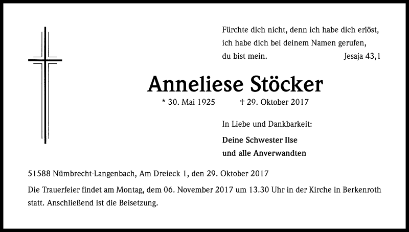  Traueranzeige für Anneliese Stöcker vom 03.11.2017 aus Kölner Stadt-Anzeiger / Kölnische Rundschau / Express