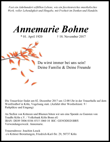 Anzeige von Annemarie Bohne von Kölner Stadt-Anzeiger / Kölnische Rundschau / Express
