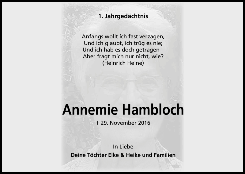  Traueranzeige für Annemie Hambloch vom 29.11.2017 aus Kölner Stadt-Anzeiger / Kölnische Rundschau / Express