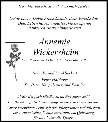 Anzeige von Annemie Wickersheim von Kölner Stadt-Anzeiger / Kölnische Rundschau / Express