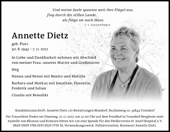 Anzeige von Annette Dietz von Kölner Stadt-Anzeiger / Kölnische Rundschau / Express