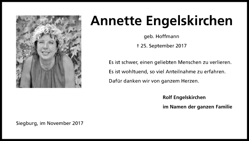  Traueranzeige für Annette Engelskirchen vom 11.11.2017 aus Kölner Stadt-Anzeiger / Kölnische Rundschau / Express