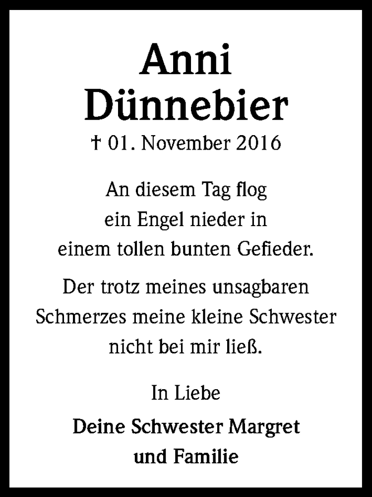  Traueranzeige für Anni Dünnebier vom 04.11.2017 aus Kölner Stadt-Anzeiger / Kölnische Rundschau / Express