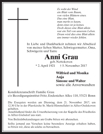 Anzeige von Anni Grau von  Schaufenster/Blickpunkt 