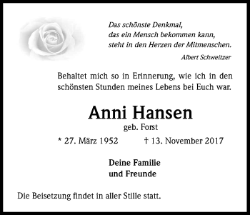 Anzeige von Anni Hansen von Kölner Stadt-Anzeiger / Kölnische Rundschau / Express