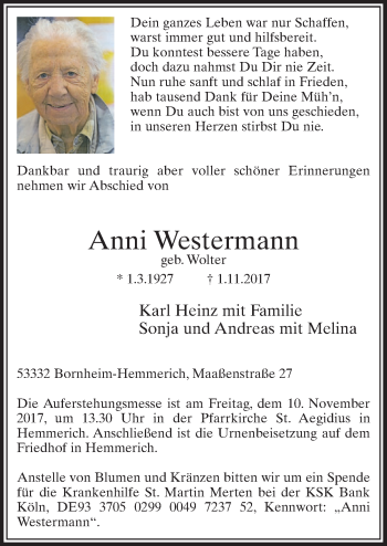 Anzeige von Anni Westermann von  Schaufenster/Blickpunkt  Schlossbote/Werbekurier 