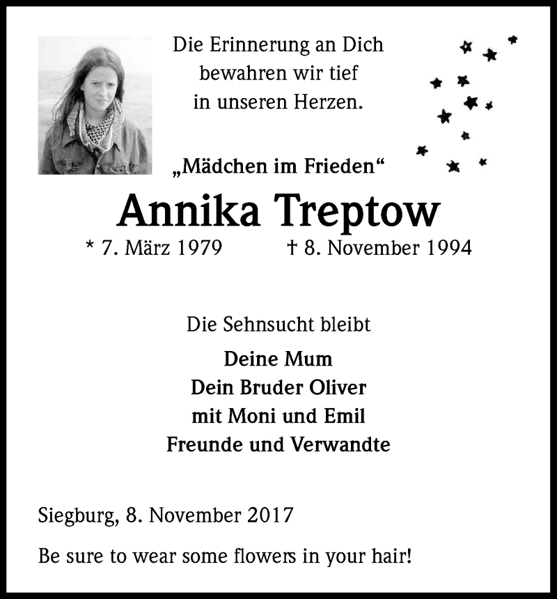  Traueranzeige für Annika Treptow vom 08.11.2017 aus Kölner Stadt-Anzeiger / Kölnische Rundschau / Express