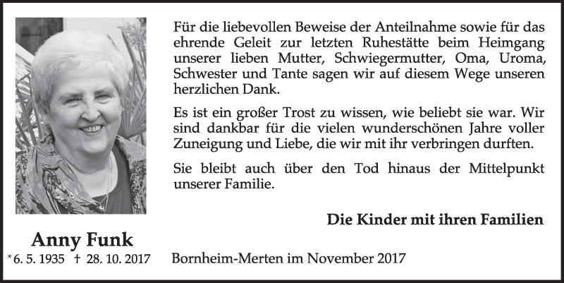  Traueranzeige für Anny Funk vom 15.11.2017 aus  Schlossbote/Werbekurier 