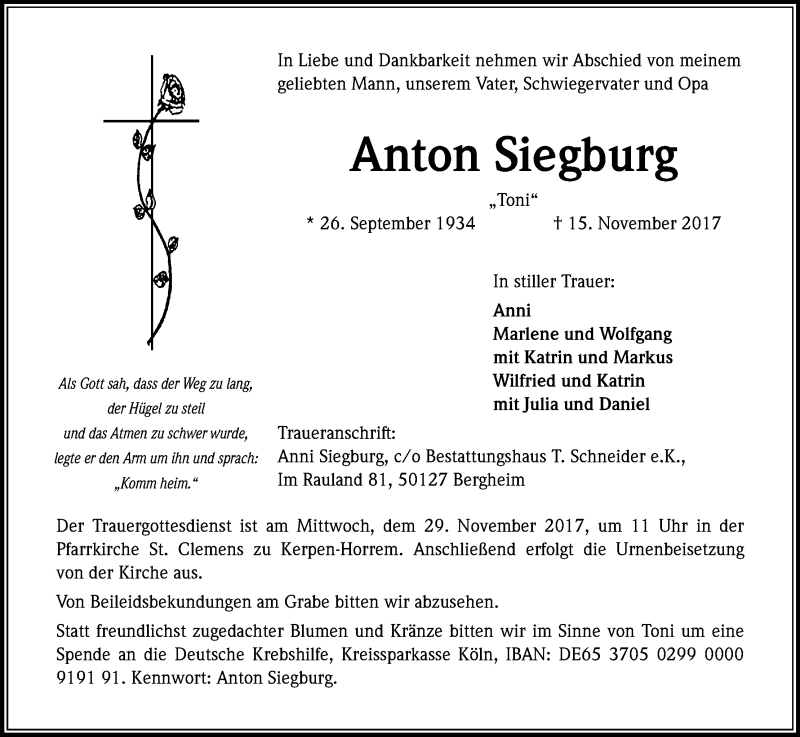  Traueranzeige für Anton Siegburg vom 28.11.2017 aus Kölner Stadt-Anzeiger / Kölnische Rundschau / Express