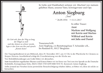Anzeige von Anton Siegburg von  Sonntags-Post 