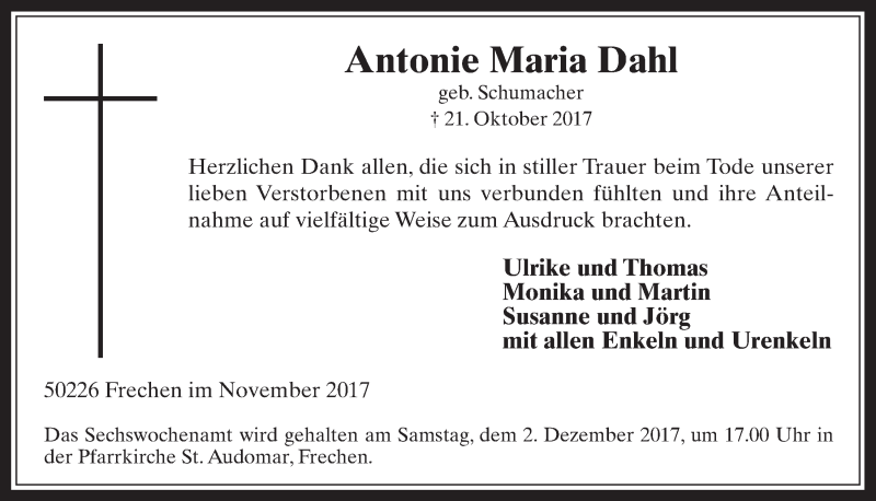 Traueranzeige für Antonie Maria Dahl vom 29.11.2017 aus  Wochenende 
