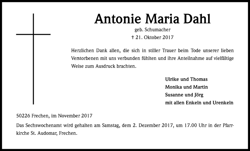  Traueranzeige für Antonie Maria Dahl vom 29.11.2017 aus Kölner Stadt-Anzeiger / Kölnische Rundschau / Express