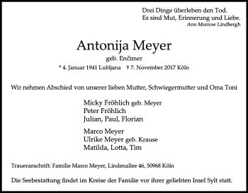 Anzeige von Antonija Meyer von Kölner Stadt-Anzeiger / Kölnische Rundschau / Express