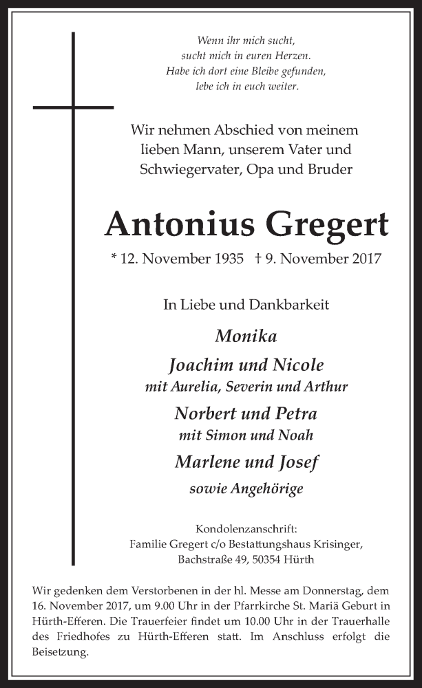  Traueranzeige für Antonius Gregert vom 15.11.2017 aus  Wochenende 