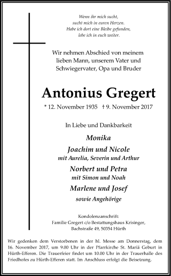 Anzeige von Antonius Gregert von Kölner Stadt-Anzeiger / Kölnische Rundschau / Express