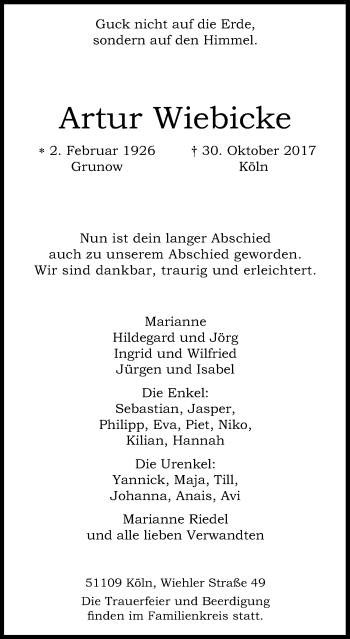 Anzeige von Artur Wiebicke von Kölner Stadt-Anzeiger / Kölnische Rundschau / Express