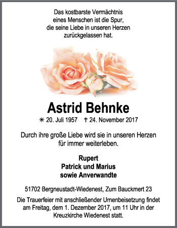 Anzeige von Astrid Behnke von Kölner Stadt-Anzeiger / Kölnische Rundschau / Express