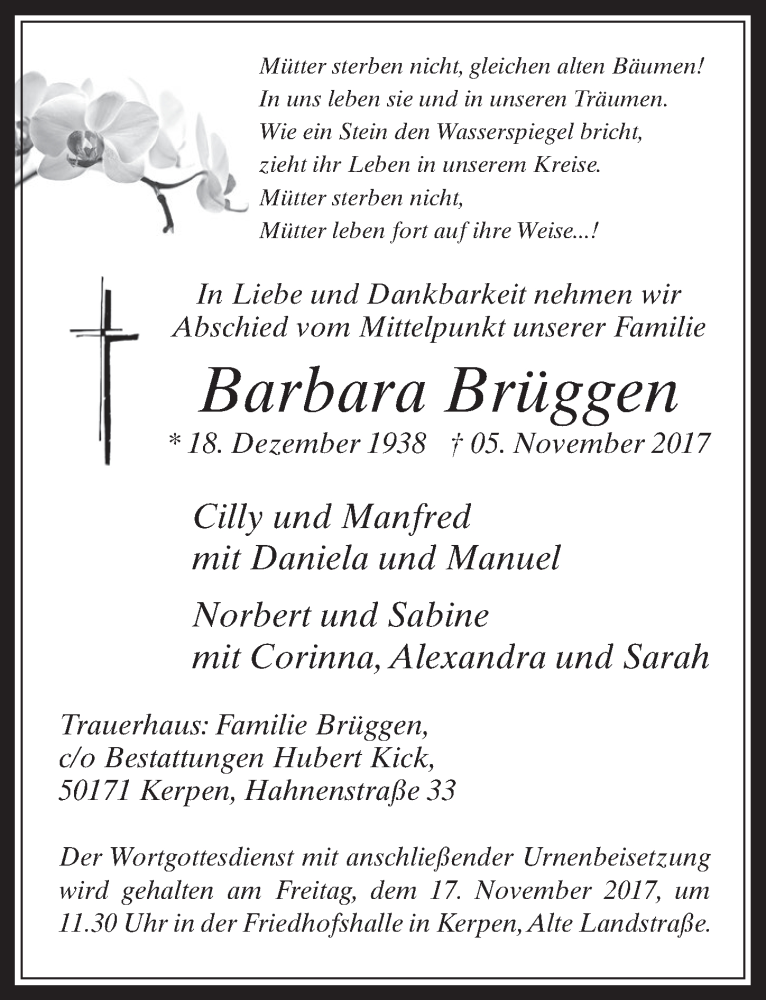  Traueranzeige für Barbara Brüggen vom 15.11.2017 aus  Werbepost 