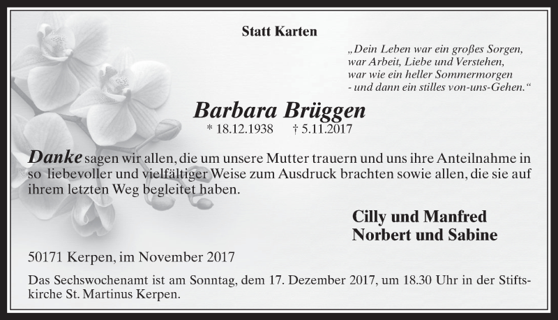  Traueranzeige für Barbara Brüggen vom 29.11.2017 aus  Werbepost 