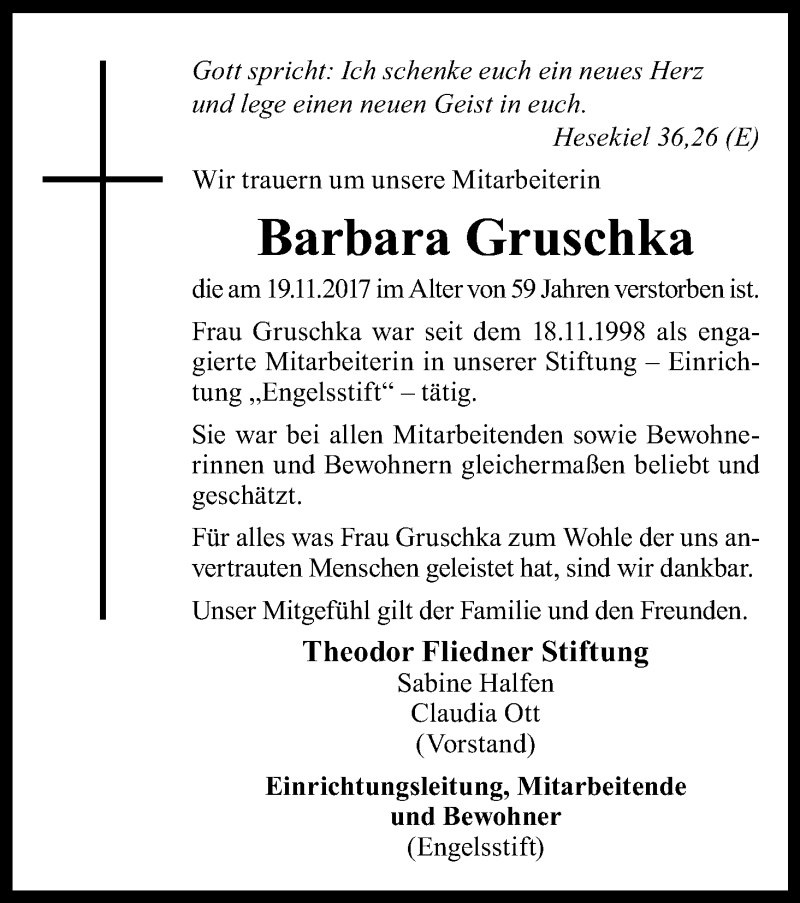  Traueranzeige für Barbara Gruschka vom 25.11.2017 aus Kölner Stadt-Anzeiger / Kölnische Rundschau / Express