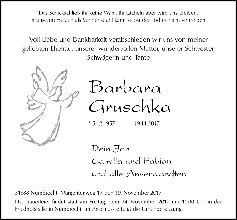  Traueranzeige für Barbara Gruschka vom 22.11.2017 aus  Lokalanzeiger 
